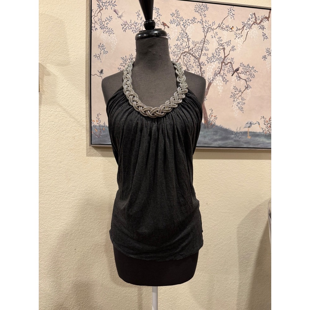 Cable‎ & Gauge Womens Gray Halter Top Silver Beaded Braided Neckline Size Large